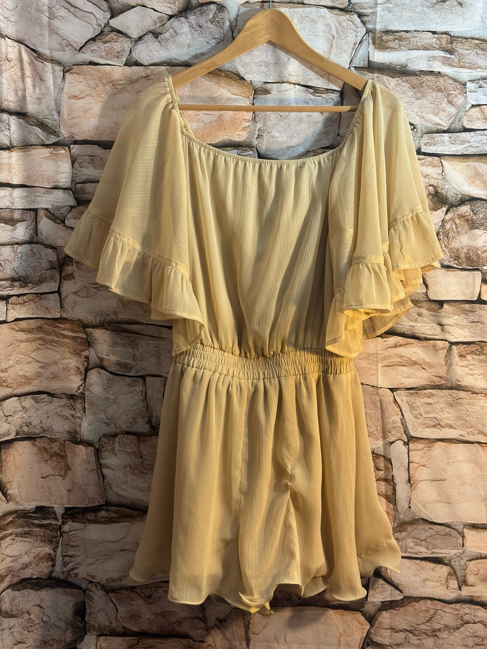 Endless Rose Pale Yellow Off-Shoulder Romper with Ruffle Sleeves
